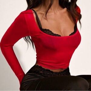 Red Long Sleeve Top with Black Lace Trim
